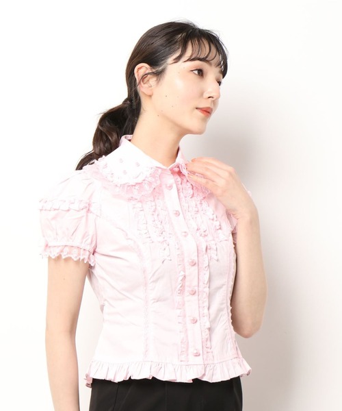 BODYLINE（ボディライン）の「選べる8タイプ こだわりパールボタンデザインのフリルブラウス 半袖（シャツ/ブラウス・レディース・ブラック/ベージュ/パープル/オフホワイト/サックスブルー/ピンク/グリーン・2L/4L/M/L/S）」の7枚目の写真