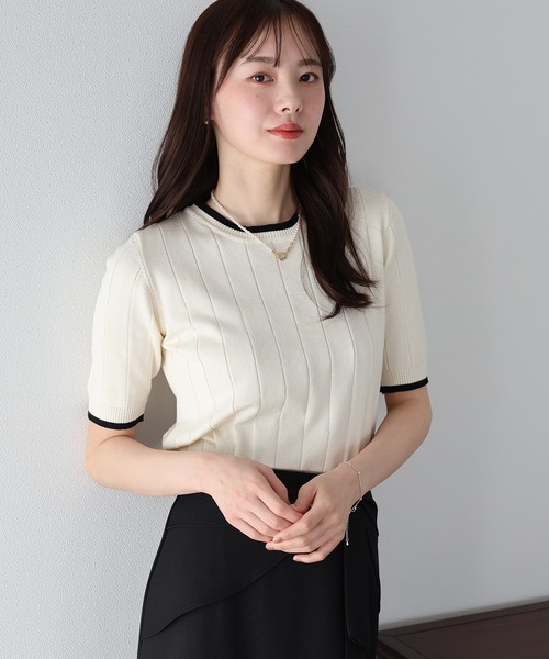 BLUEEAST(ブルーイースト)の「《バイカラー追加/お気に入り1万人突破!/新色追加》5分袖サマーワイドリブニットトップス(ニット/セーター・レディース・ブラック/パープル/オフホワイト/イエロー/グリーン/ブルーグレー/ベージュ/オレンジ/レッド/ブラウン/ネイビー/ピンク/ミント/サックスブルー/チャコールグレー/アイボリー系/ネイビー系・MEDIUM)」の7枚目の写真