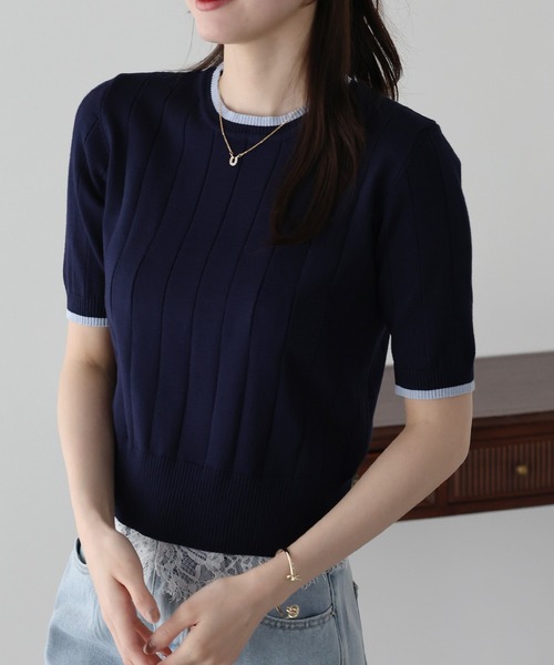 BLUEEAST(ブルーイースト)の「《バイカラー追加/お気に入り1万人突破!/新色追加》5分袖サマーワイドリブニットトップス(ニット/セーター・レディース・ブラック/パープル/オフホワイト/イエロー/グリーン/ブルーグレー/ベージュ/オレンジ/レッド/ブラウン/ネイビー/ピンク/ミント/サックスブルー/チャコールグレー/アイボリー系/ネイビー系・MEDIUM)」の12枚目の写真