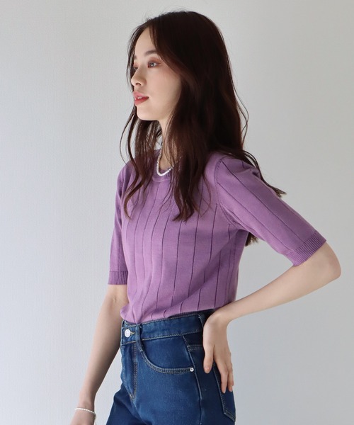 BLUEEAST(ブルーイースト)の「《バイカラー追加/お気に入り1万人突破!/新色追加》5分袖サマーワイドリブニットトップス(ニット/セーター・レディース・ブラック/パープル/オフホワイト/イエロー/グリーン/ブルーグレー/ベージュ/オレンジ/レッド/ブラウン/ネイビー/ピンク/ミント/サックスブルー/チャコールグレー/アイボリー系/ネイビー系・MEDIUM)」の13枚目の写真