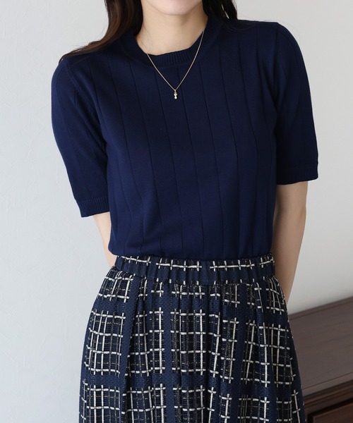 BLUEEAST(ブルーイースト)の「《バイカラー追加/お気に入り1万人突破!/新色追加》5分袖サマーワイドリブニットトップス(ニット/セーター・レディース・ブラック/パープル/オフホワイト/イエロー/グリーン/ブルーグレー/ベージュ/オレンジ/レッド/ブラウン/ネイビー/ピンク/ミント/サックスブルー/チャコールグレー/アイボリー系/ネイビー系・MEDIUM)」の10枚目の写真