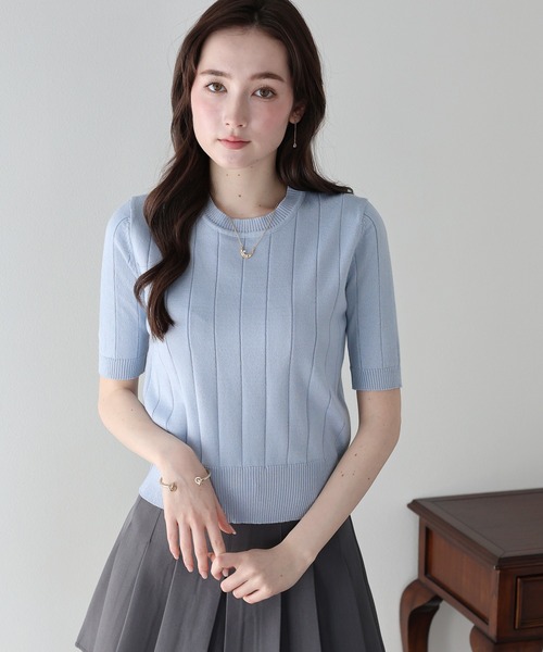 BLUEEAST(ブルーイースト)の「《バイカラー追加/お気に入り1万人突破!/新色追加》5分袖サマーワイドリブニットトップス(ニット/セーター・レディース・ブラック/パープル/オフホワイト/イエロー/グリーン/ブルーグレー/ベージュ/オレンジ/レッド/ブラウン/ネイビー/ピンク/ミント/サックスブルー/チャコールグレー/アイボリー系/ネイビー系・MEDIUM)」の11枚目の写真