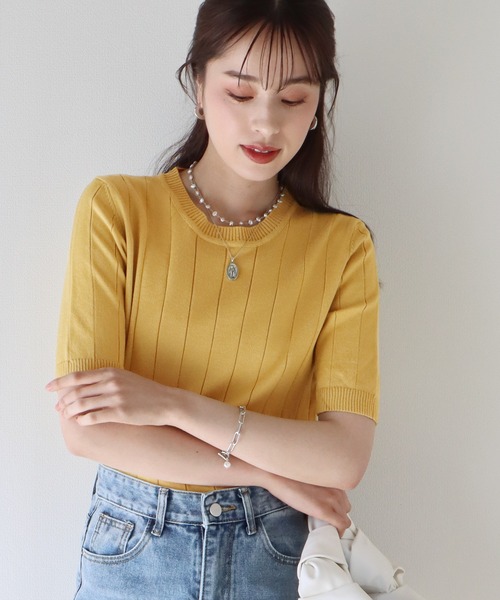 BLUEEAST(ブルーイースト)の「《バイカラー追加/お気に入り1万人突破!/新色追加》5分袖サマーワイドリブニットトップス(ニット/セーター・レディース・ブラック/パープル/オフホワイト/イエロー/グリーン/ブルーグレー/ベージュ/オレンジ/レッド/ブラウン/ネイビー/ピンク/ミント/サックスブルー/チャコールグレー/アイボリー系/ネイビー系・MEDIUM)」の17枚目の写真