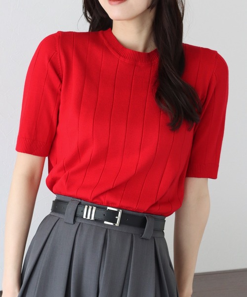 BLUEEAST(ブルーイースト)の「《バイカラー追加/お気に入り1万人突破!/新色追加》5分袖サマーワイドリブニットトップス(ニット/セーター・レディース・ブラック/パープル/オフホワイト/イエロー/グリーン/ブルーグレー/ベージュ/オレンジ/レッド/ブラウン/ネイビー/ピンク/ミント/サックスブルー/チャコールグレー/アイボリー系/ネイビー系・MEDIUM)」の19枚目の写真