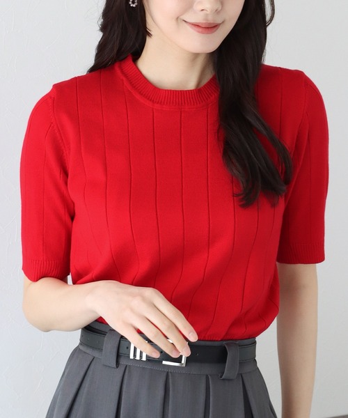 BLUEEAST(ブルーイースト)の「《バイカラー追加/お気に入り1万人突破!/新色追加》5分袖サマーワイドリブニットトップス(ニット/セーター・レディース・ブラック/パープル/オフホワイト/イエロー/グリーン/ブルーグレー/ベージュ/オレンジ/レッド/ブラウン/ネイビー/ピンク/ミント/サックスブルー/チャコールグレー/アイボリー系/ネイビー系・MEDIUM)」の20枚目の写真