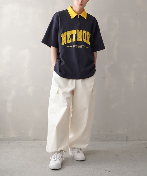 SPINNS（スピンズ）の「【ビッグシルエット】NETWORKロゴ ハーフジップTシャツ（Tシャツ/カットソー・メンズ・ネイビー/ホワイト×レッド/ホワイト×ネイビー/ブラック/グレー/グリーン・ONESIZE）」の9枚目の写真