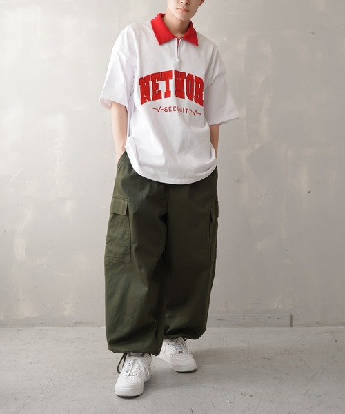 SPINNS（スピンズ）の「【ビッグシルエット】NETWORKロゴ ハーフジップTシャツ（Tシャツ/カットソー・メンズ・ネイビー/ホワイト×レッド/ホワイト×ネイビー/ブラック/グレー/グリーン・ONESIZE）」の12枚目の写真