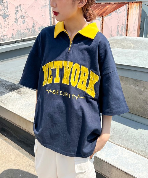 SPINNS（スピンズ）の「【ビッグシルエット】NETWORKロゴ ハーフジップTシャツ（Tシャツ/カットソー・メンズ・ネイビー/ホワイト×レッド/ホワイト×ネイビー/ブラック/グレー/グリーン・ONESIZE）」の22枚目の写真