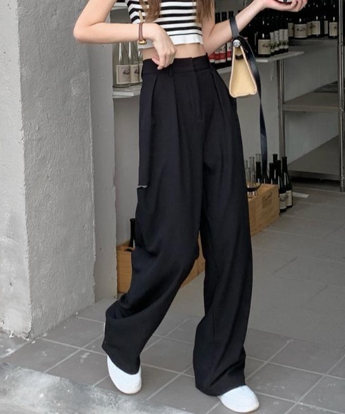 MANGROVE（マングローブ）の「サイドカットアウトワイドレッグパンツ（スラックス・レディース・ブラック/グレー・LARGE/MEDIUM）」の12枚目の写真