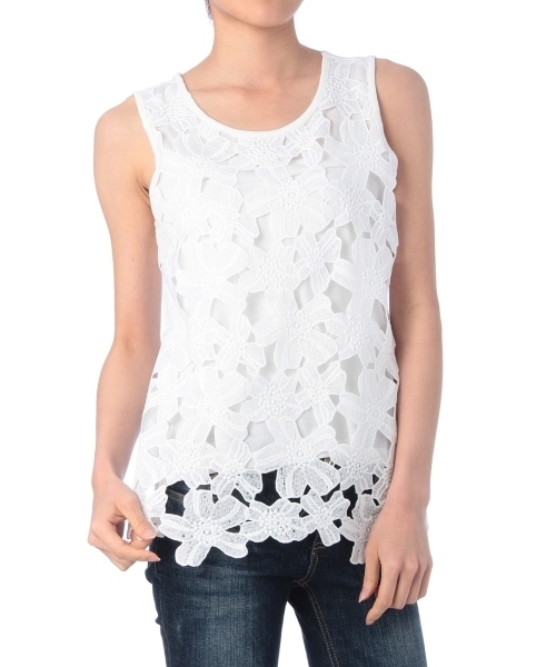 HusHusH(ハッシュアッシュ)の「フラワーレース使いタンクトップ(タンクトップ・レディース・ホワイト/ブルー/グレー/ブラック・03/02)」の2枚目の写真