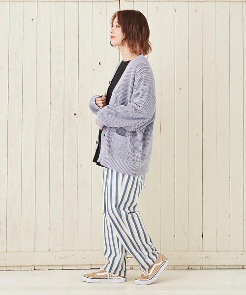 SUGAR ストライプ ワークパンツ ネイビー CUBE SUGAR（キューブシュガー）の「ストライプワークパンツ