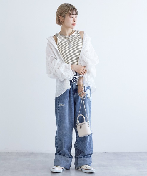 w closet(ダブルクローゼット)の「【カップ付き】アメリカンスリーブタンクトップ(タンクトップ・レディース・オフホワイト/ブラック/ホワイト×ブラック/サックスブルー・FREE)」の16枚目の写真