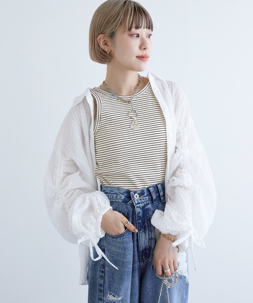 w closet(ダブルクローゼット)の「【カップ付き】アメリカンスリーブタンクトップ(タンクトップ・レディース・オフホワイト/ブラック/ホワイト×ブラック/サックスブルー・FREE)」の17枚目の写真