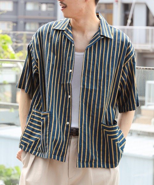beams購入 jieda オープンカラーストライプ半袖シャツ サイズ2 ジエダ オーバーサイズ ビッグシルエット シャツ ビームス正規品 BEAMS（ビームス）の「BEAMS ⁄ ワイドストライプ オープンカラー
