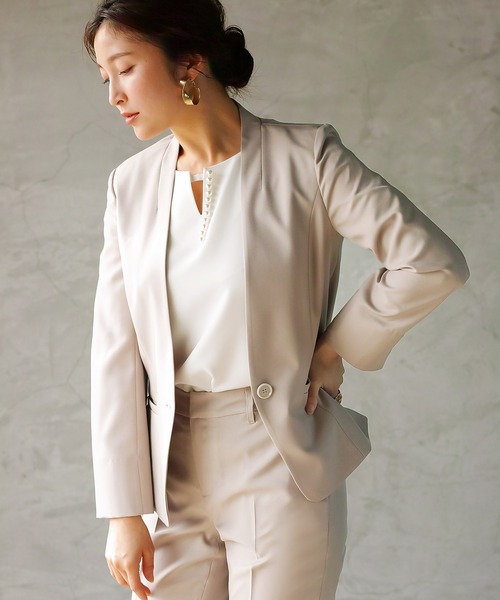 WHITE JOOLA(ホワイトジョーラ)の「【手洗いできる】ライト杢クロス・カラーレスジャケット(前裏付き)(ノーカラージャケット・レディース・グレー/ベージュ/ネイビー・7号/9号/11号)」の3枚目の写真