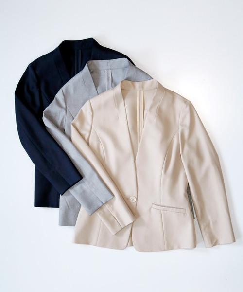 WHITE JOOLA(ホワイトジョーラ)の「【手洗いできる】ライト杢クロス・カラーレスジャケット(前裏付き)(ノーカラージャケット・レディース・グレー/ベージュ/ネイビー・7号/9号/11号)」の4枚目の写真