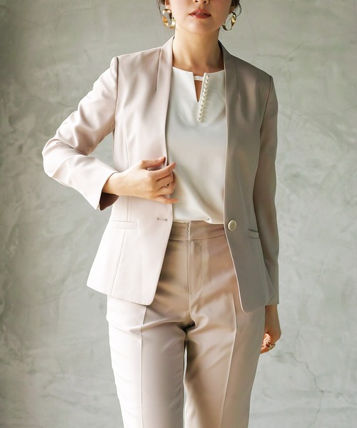 WHITE JOOLA(ホワイトジョーラ)の「【手洗いできる】ライト杢クロス・カラーレスジャケット(前裏付き)(ノーカラージャケット・レディース・グレー/ベージュ/ネイビー・7号/9号/11号)」の8枚目の写真