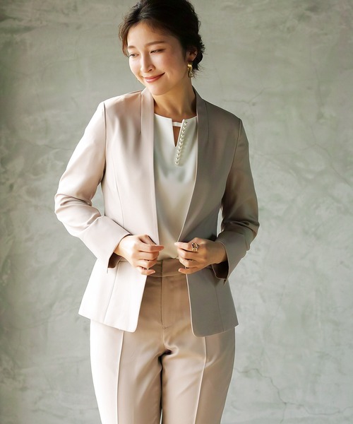 WHITE JOOLA(ホワイトジョーラ)の「【手洗いできる】ライト杢クロス・カラーレスジャケット(前裏付き)(ノーカラージャケット・レディース・グレー/ベージュ/ネイビー・7号/9号/11号)」の10枚目の写真