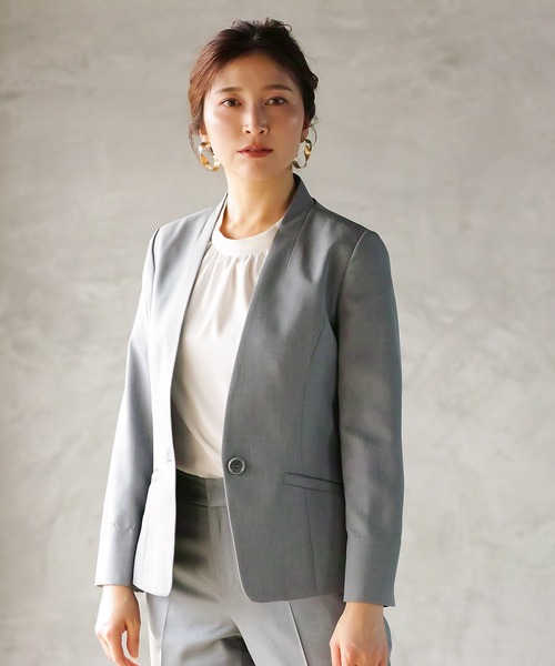 WHITE JOOLA(ホワイトジョーラ)の「【手洗いできる】ライト杢クロス・カラーレスジャケット(前裏付き)(ノーカラージャケット・レディース・グレー/ベージュ/ネイビー・7号/9号/11号)」の21枚目の写真