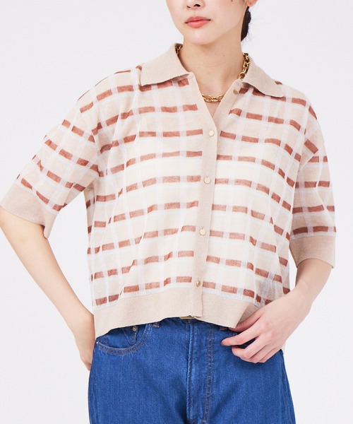 qualite(カリテ)の「【2WAY】チェックシアーニット(ニット/セーター・レディース・ホワイト/ベージュ・フリー)」の1枚目の写真