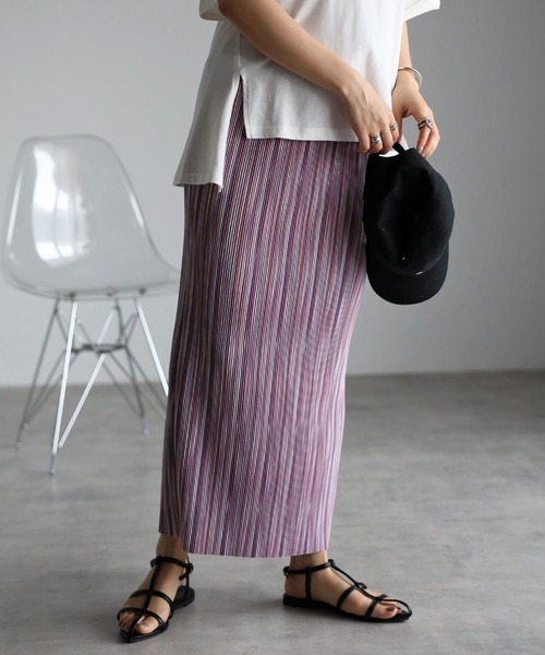 amini(アミニ)の「【2023 S/S 新作】MIXカラープリーツスカート(スカート・レディース・パープル/グリーン・MEDIUM)」の2枚目の写真