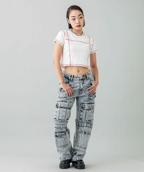 X-girl(エックスガール)の「CONTRAST STITCH BABY TEE(Tシャツ/カットソー・レディース・ブラック/ホワイト/ライトブルー・S/M)」の14枚目の写真