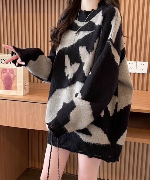 LAC-VERT（ラック・ヴェール）の「バタフライカモフラージュダメージニット（ニット/セーター・レディース・ブラック/ブラウン・FREE）」の2枚目の写真