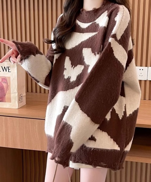 LAC-VERT（ラック・ヴェール）の「バタフライカモフラージュダメージニット（ニット/セーター・レディース・ブラック/ブラウン・FREE）」の13枚目の写真