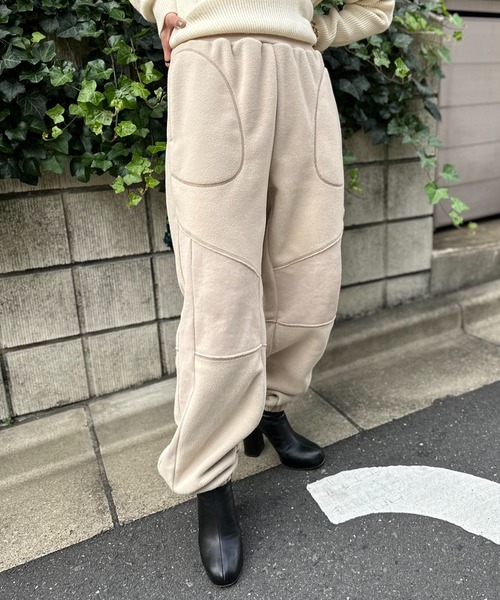 セール】配色ステッチ フリースボア リブ切替スウェットパンツ