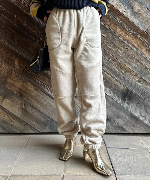 セール】配色ステッチ フリースボア リブ切替スウェットパンツ