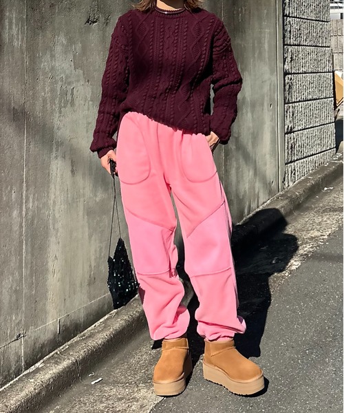 セール】配色ステッチ フリースボア リブ切替スウェットパンツ
