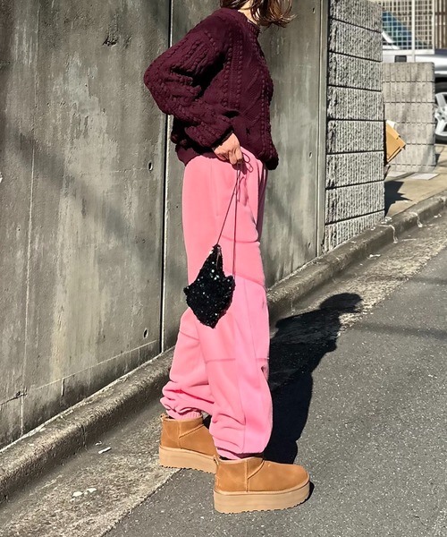 セール】配色ステッチ フリースボア リブ切替スウェットパンツ