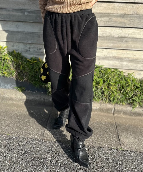 セール】配色ステッチ フリースボア リブ切替スウェットパンツ