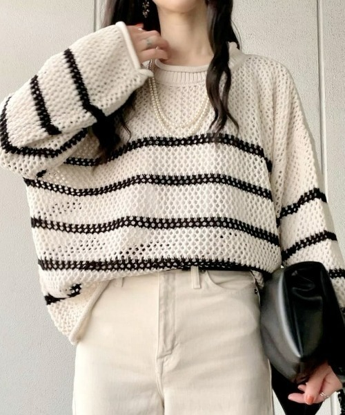 HONEYSUCKLE ROSE(ハニーサックルローズ)の「【HONEYSUCKLE ROSE】透かし編みニットレイヤード(ニット/セーター・レディース・ブラック/ブラック×ホワイト/オフホワイト・M/L)」の3枚目の写真