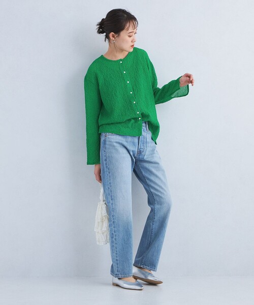 ぺこぽん♦新品タグ付き♦【2019SS】 C/麻 クルーネックカーディガン green label relaxing（グリーンレーベルリラクシング）の「シアー