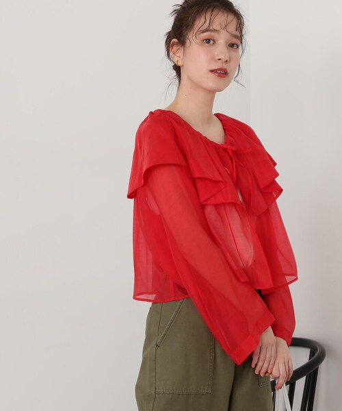 N.(N. Natural Beauty Basic)(エヌエヌナチュラルビューティーベーシック)の「◆ラッフルカラーシアーブラウス(シャツ/ブラウス・レディース・レッド/クリーム/ブラック・MEDIUM)」の6枚目の写真
