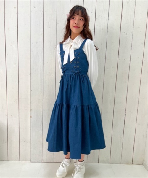 axes femme POETIQUE（アクシーズファムポエティック）の「レースアップティアードワンピース（ワンピース・レディース・ブラック/キナリ/インディゴブルー・MEDIUM）」の3枚目の写真