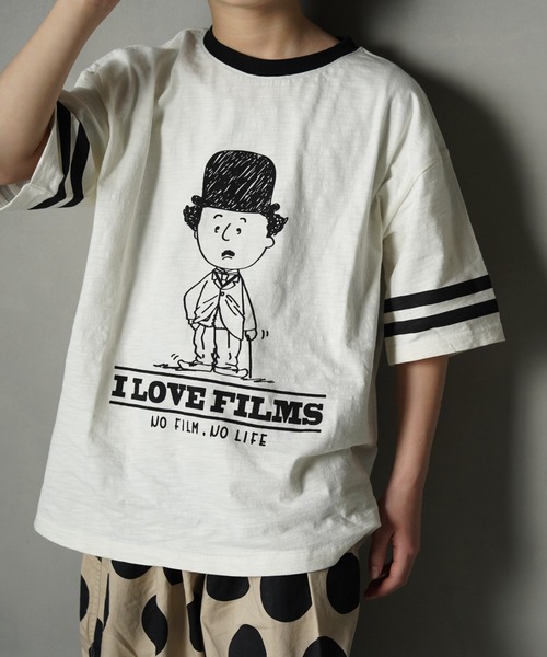 MAKE YOUR DAY（メイクユアデイ）の「I LOVE FILMS半袖リンガーTシャツ■150.160cm（Tシャツ/カットソー・キッズ・グレー/オフホワイト・150/160）」の2枚目の写真