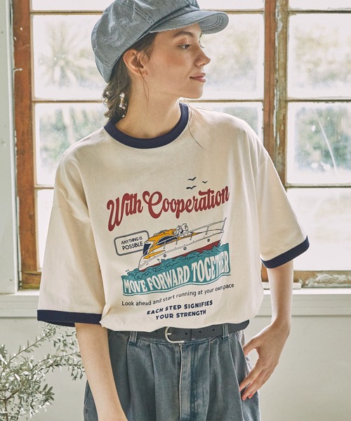 MONO-MART LADY'S（モノマートレディース）の「リンガー サマーバケーショングラフィックプリント半袖Tシャツ（Tシャツ/カットソー・レディース・ネイビー系2/チャコールグレー/ワイン/ブラウン/ネイビー系1/グレー系1/ネイビー・FREE）」の5枚目の写真