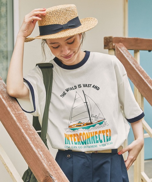 MONO-MART LADY'S（モノマートレディース）の「リンガー サマーバケーショングラフィックプリント半袖Tシャツ（Tシャツ/カットソー・レディース・ネイビー系2/チャコールグレー/ワイン/ブラウン/ネイビー系1/グレー系1/ネイビー・FREE）」の6枚目の写真