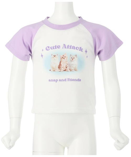 ANAP kids(アナップキッズ)の「ねこフォトプリントラグランTシャツ(Tシャツ/カットソー・キッズ・ラベンダー/ライトピンク・110cm/120cm/130cm)」の1枚目の写真