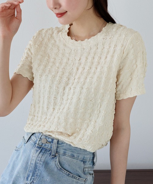 BLUEEAST（ブルーイースト）の「ポコポコジャカードTシャツ（Tシャツ/カットソー・レディース・ピンク/ブラック/イエロー/ベージュ/ミント/ホワイト・MEDIUM）」の3枚目の写真