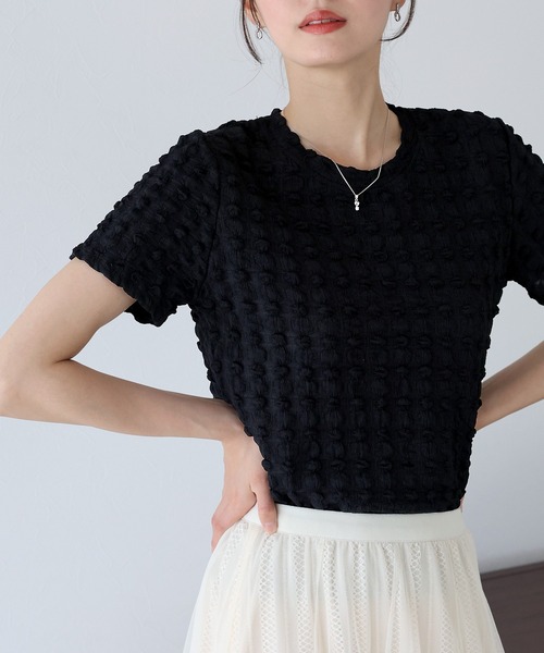 BLUEEAST（ブルーイースト）の「ポコポコジャカードTシャツ（Tシャツ/カットソー・レディース・ピンク/ブラック/イエロー/ベージュ/ミント/ホワイト・MEDIUM）」の2枚目の写真