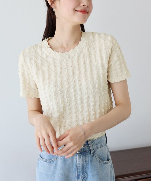 BLUEEAST（ブルーイースト）の「ポコポコジャカードTシャツ（Tシャツ/カットソー・レディース・ピンク/ブラック/イエロー/ベージュ/ミント/ホワイト・MEDIUM）」の13枚目の写真