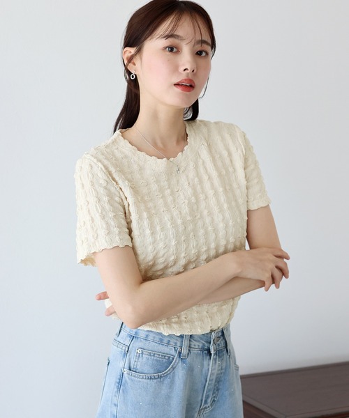 BLUEEAST（ブルーイースト）の「ポコポコジャカードTシャツ（Tシャツ/カットソー・レディース・ピンク/ブラック/イエロー/ベージュ/ミント/ホワイト・MEDIUM）」の14枚目の写真