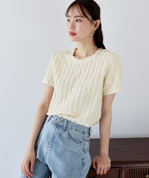 BLUEEAST（ブルーイースト）の「ポコポコジャカードTシャツ（Tシャツ/カットソー・レディース・ピンク/ブラック/イエロー/ベージュ/ミント/ホワイト・MEDIUM）」の15枚目の写真