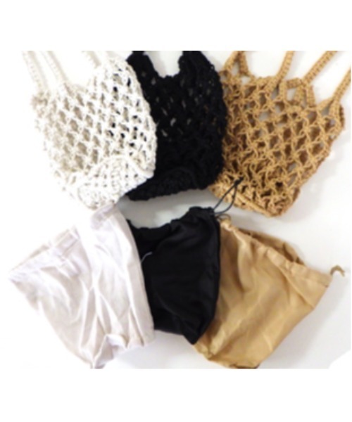 mimis（ミイーミイーズ）の「マクラメミニバック巾着内袋付（トートバッグ・レディース・アイボリー/ブラック/ベージュ・FREE）」の12枚目の写真