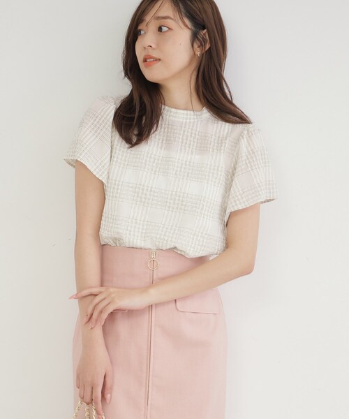 index(インデックス)の「◆シアーサッカーチェック フレアスリーブブラウス【洗濯機洗い可/イージーケア】(シャツ/ブラウス・レディース・ネイビー系1/アイボリー系1/サックスブルー系1・42/40/38/36)」の5枚目の写真