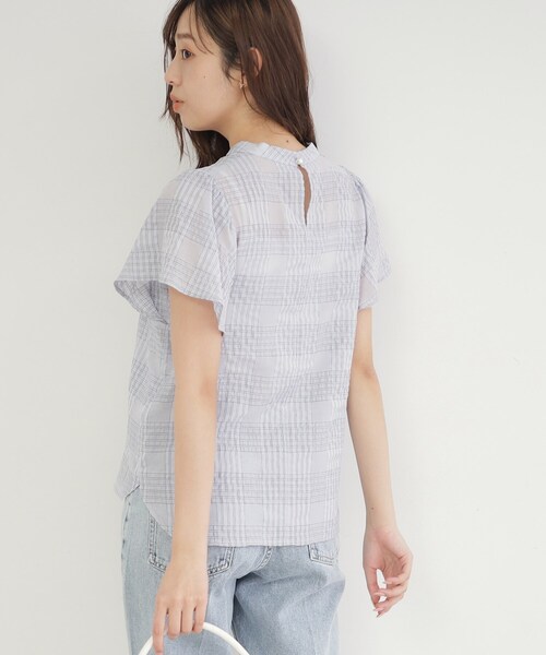 index(インデックス)の「◆シアーサッカーチェック フレアスリーブブラウス【洗濯機洗い可/イージーケア】(シャツ/ブラウス・レディース・ネイビー系1/アイボリー系1/サックスブルー系1・42/40/38/36)」の9枚目の写真