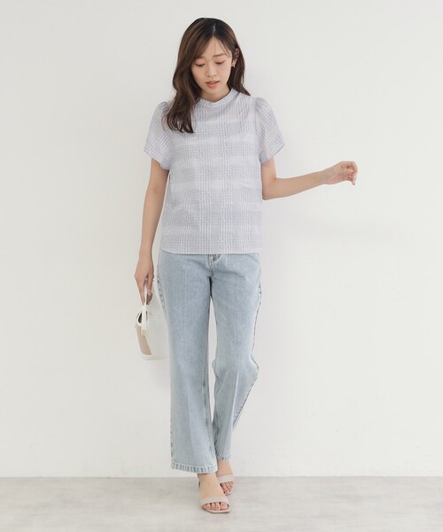 index(インデックス)の「◆シアーサッカーチェック フレアスリーブブラウス【洗濯機洗い可/イージーケア】(シャツ/ブラウス・レディース・ネイビー系1/アイボリー系1/サックスブルー系1・42/40/38/36)」の10枚目の写真